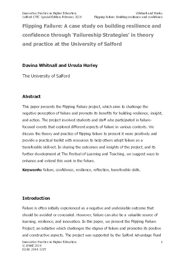 Flipping Failure: A case study on building resilience and confidence through 'Failureship Strategies' in theory and practiceat the University of Salford Thumbnail