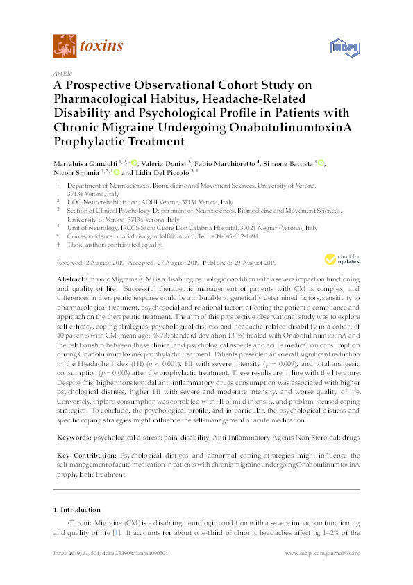 A Prospective Observational Cohort Study on Pharmacological Habitus, Headache-Related Disability and Psychological Profile in Patients with Chronic Migraine Undergoing OnabotulinumtoxinA Prophylactic Treatment Thumbnail