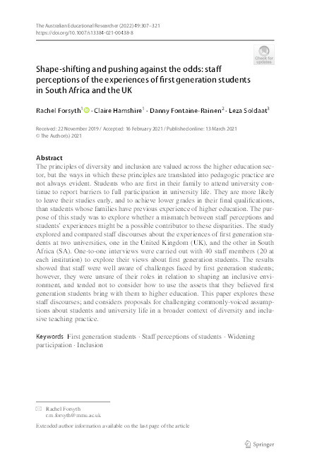 Shape-shifting and pushing against the odds: staff perceptions of the experiences of first generation students in South Africa and the UK Thumbnail