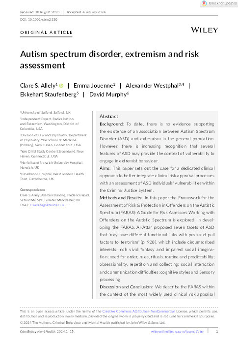Autism spectrum disorder, extremism and risk assessment Thumbnail