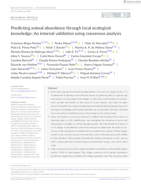 Predicting animal abundance through local ecological knowledge: An internal validation using consensus analysis Thumbnail