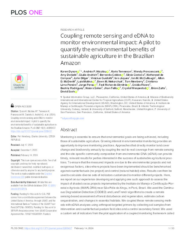 Coupling remote sensing and eDNA to monitor environmental impact: A pilot to quantify the environmental benefits of sustainable agriculture in the Brazilian Amazon Thumbnail