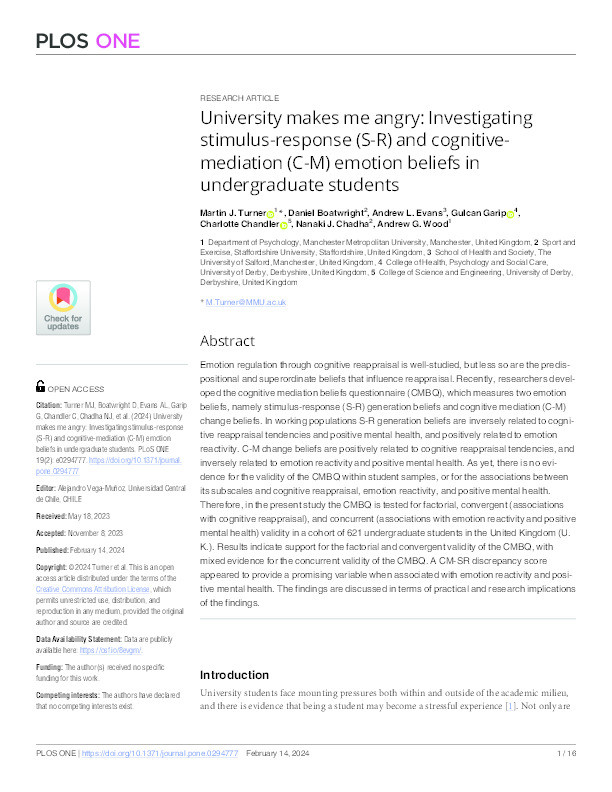 University makes me angry: Investigating stimulus-response (S-R) and cognitive-mediation (C-M) emotion beliefs in undergraduate students Thumbnail