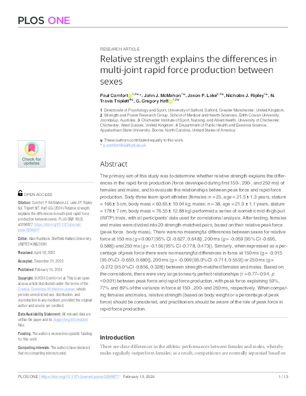 Relative strength explains the differences in multi-joint rapid force production between sexes Thumbnail