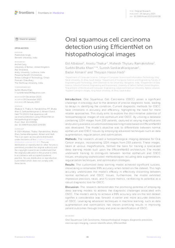 Oral squamous cell carcinoma detection using EfficientNet on histopathological images Thumbnail