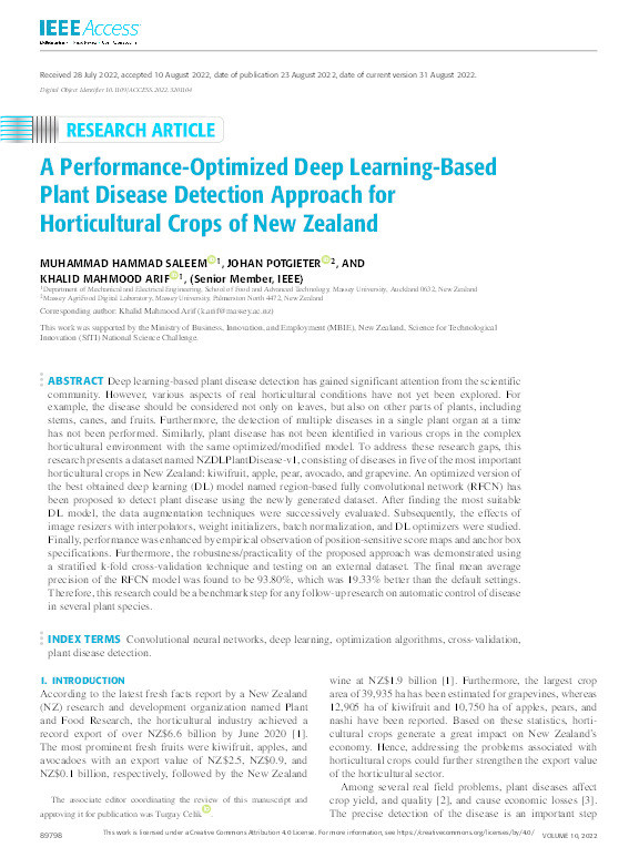 A Performance-Optimized Deep Learning-Based Plant Disease Detection Approach for Horticultural Crops of New Zealand Thumbnail
