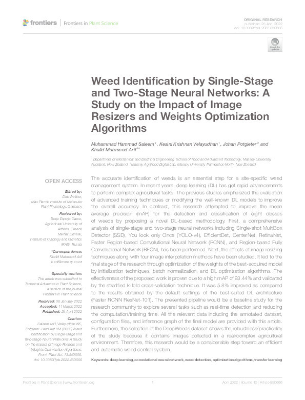Weed Identification by Single-Stage and Two-Stage Neural Networks: A Study on the Impact of Image Resizers and Weights Optimization Algorithms Thumbnail