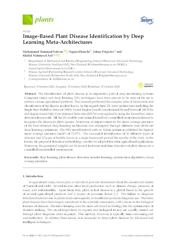 Image-Based Plant Disease Identification by Deep Learning Meta-Architectures Thumbnail