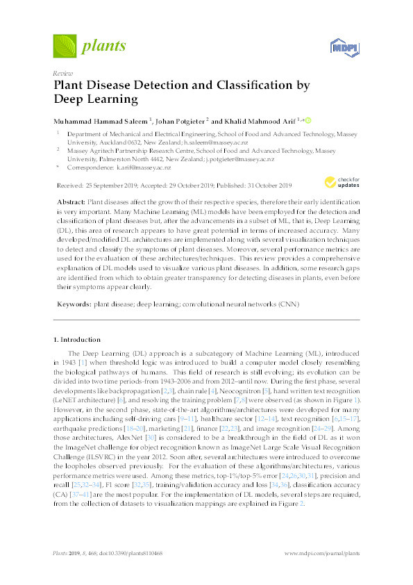 Plant Disease Detection and Classification by Deep Learning Thumbnail