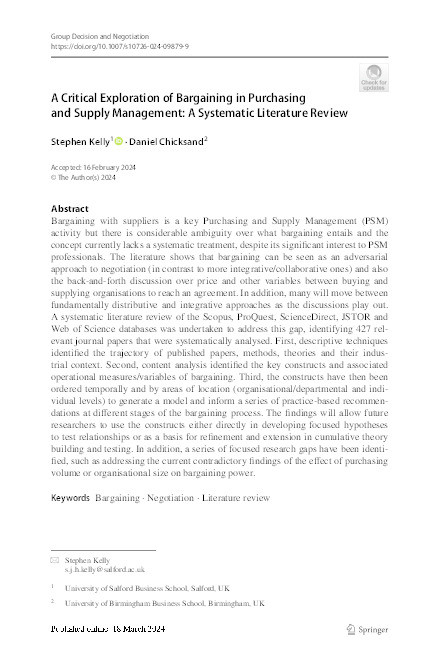 A Critical Exploration of Bargaining in Purchasing and Supply Management: A Systematic Literature Review Thumbnail