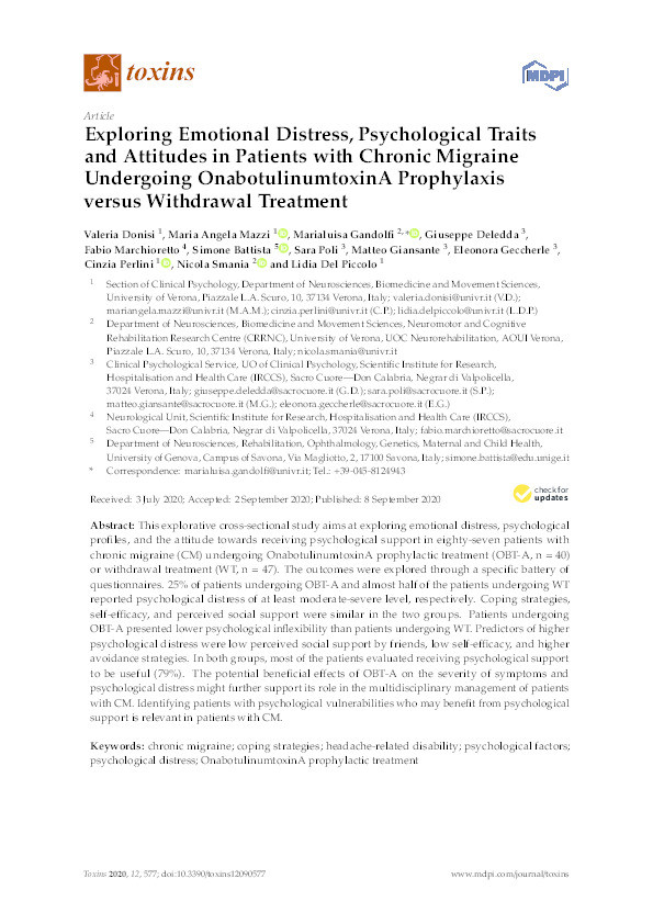 Exploring Emotional Distress, Psychological Traits and Attitudes in Patients with Chronic Migraine Undergoing OnabotulinumtoxinA Prophylaxis versus Withdrawal Treatment Thumbnail