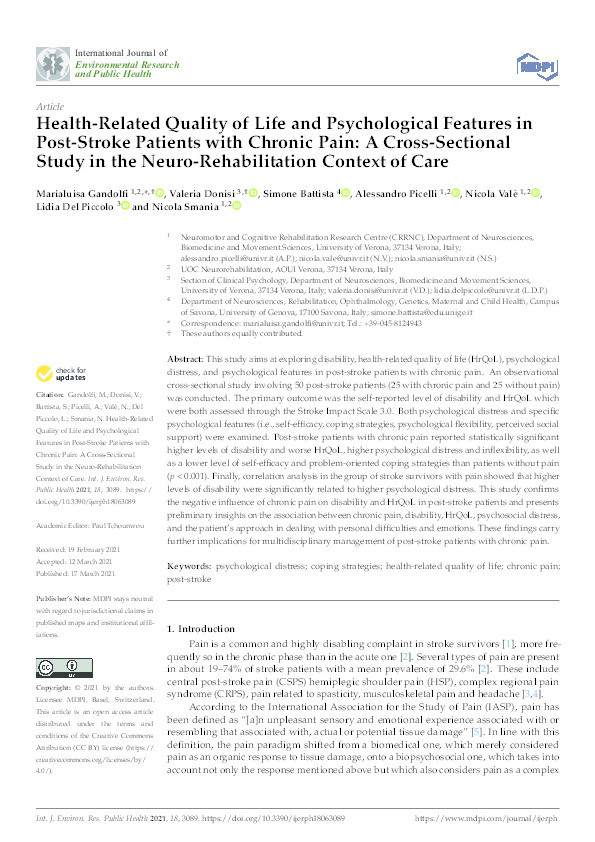 Health-Related Quality of Life and Psychological Features in Post-Stroke Patients with Chronic Pain: A Cross-Sectional Study in the Neuro-Rehabilitation Context of Care Thumbnail