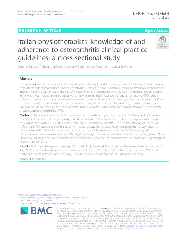 Italian physiotherapists’ knowledge of and adherence to osteoarthritis clinical practice guidelines: a cross-sectional study Thumbnail