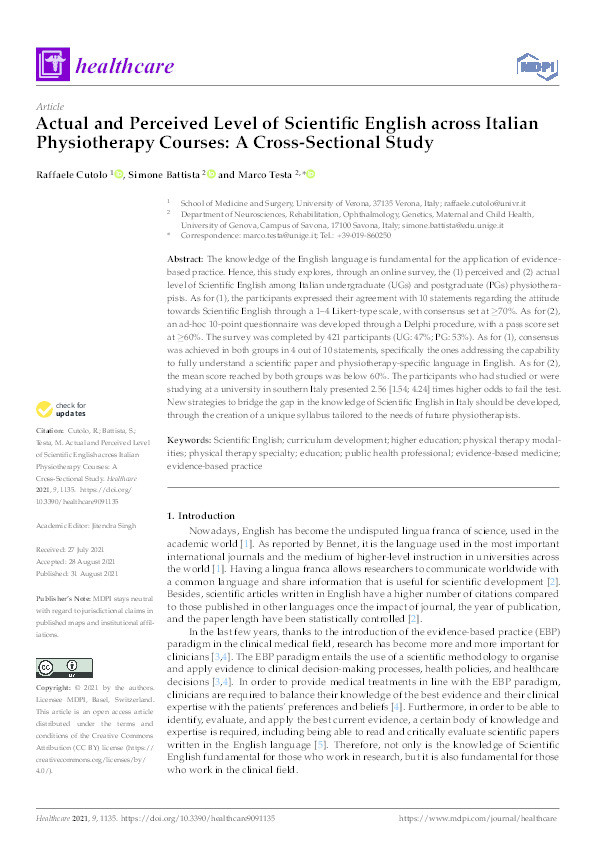 Actual and Perceived Level of Scientific English across Italian Physiotherapy Courses: A Cross-Sectional Study Thumbnail