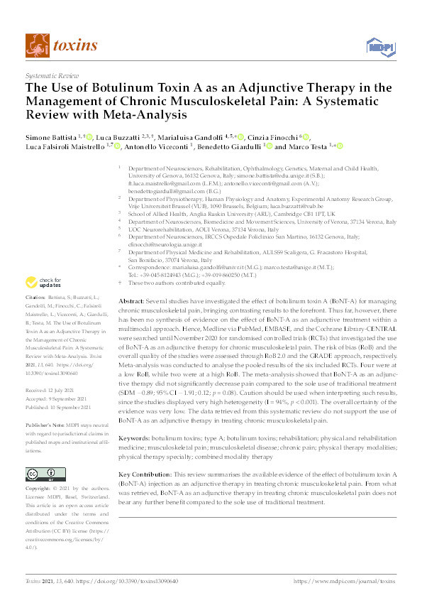 The Use of Botulinum Toxin A as an Adjunctive Therapy in the Management of Chronic Musculoskeletal Pain: A Systematic Review with Meta-Analysis Thumbnail