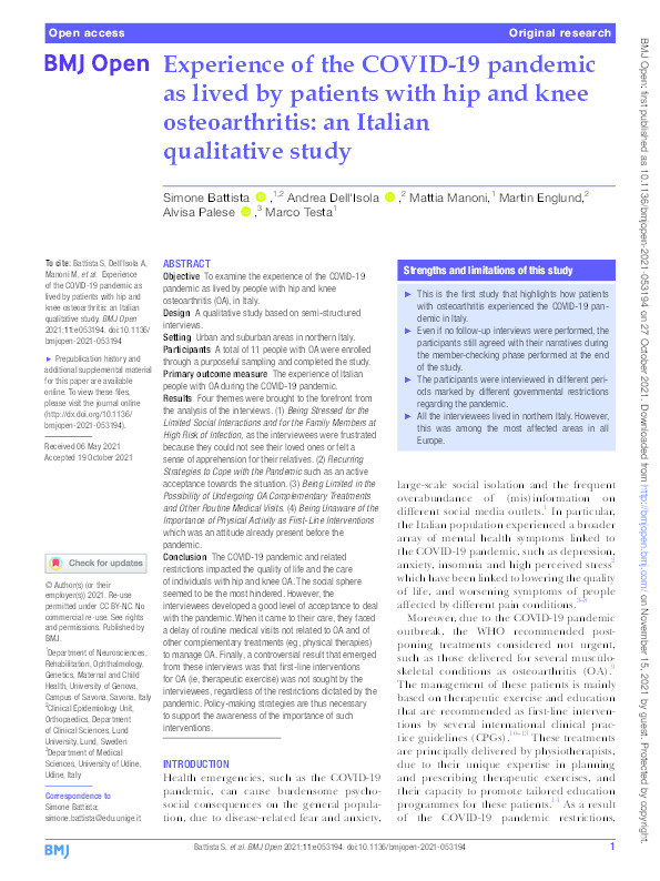 Experience of the COVID-19 pandemic as lived by patients with hip and knee osteoarthritis: an Italian qualitative study Thumbnail