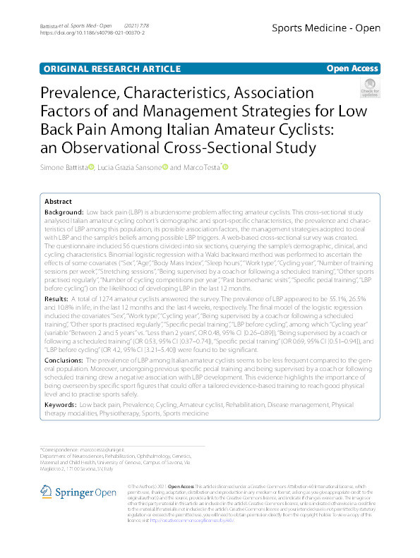 Prevalence, Characteristics, Association Factors of and Management Strategies for Low Back Pain Among Italian Amateur Cyclists: an Observational Cross-Sectional Study Thumbnail