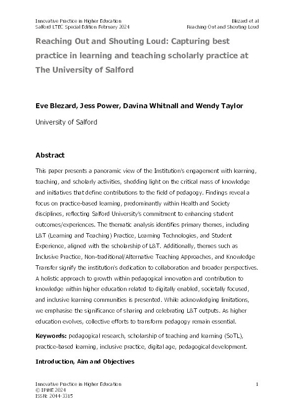 Reaching Out and Shouting Loud: Capturing best practice in learning and teaching scholarly practice at The University of Salford. Innovative Practice in Higher Education. Thumbnail