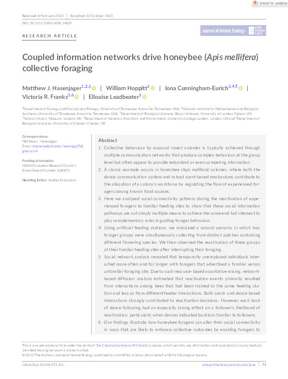 Coupled information networks drive honeybee (Apis mellifera) collective foraging Thumbnail