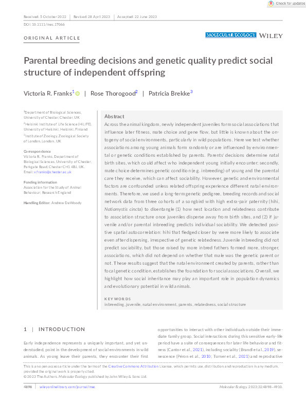 Parental breeding decisions and genetic quality predict social structure of independent offspring Thumbnail