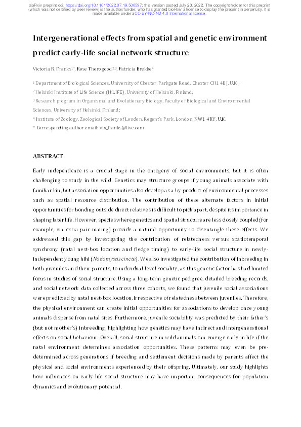 Intergenerational effects from spatial and genetic environment predict early-life social network structure Thumbnail