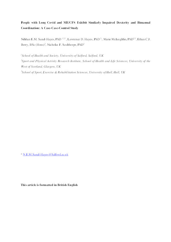 People with Long Covid and ME/CFS Exhibit Similarly Impaired Dexterity and Bimanual Coordination: A Case-Case-Control Study. Thumbnail