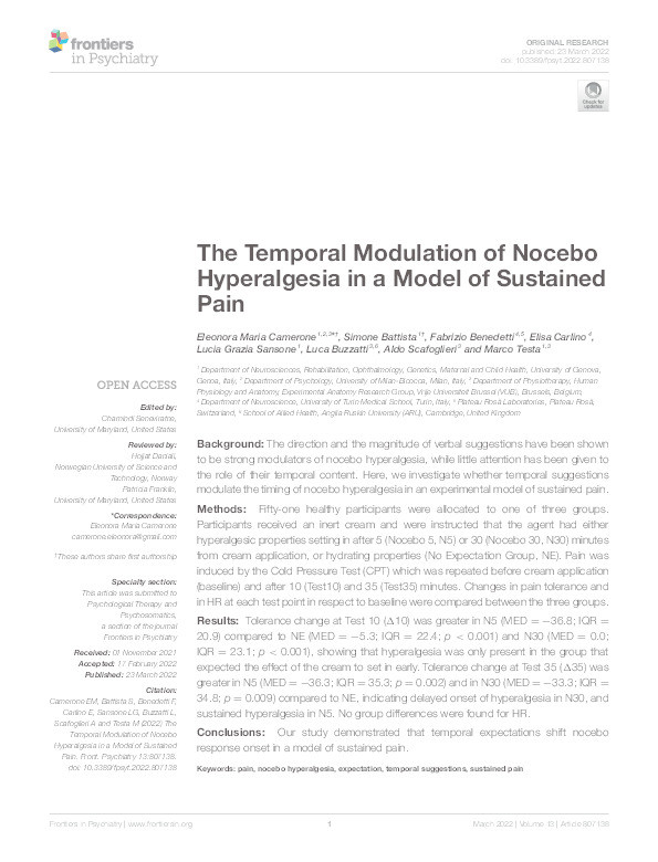 The Temporal Modulation of Nocebo Hyperalgesia in a Model of Sustained Pain Thumbnail