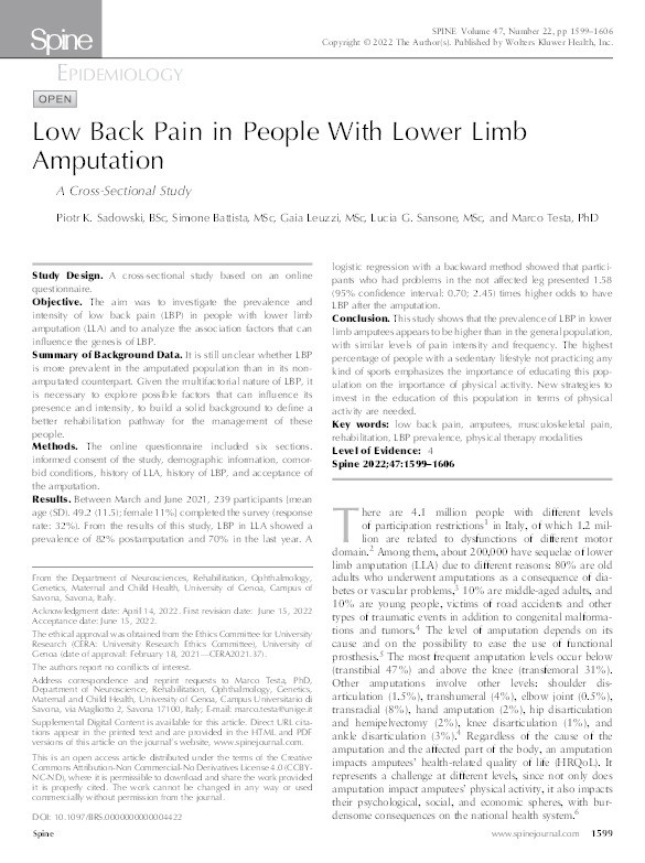 Low Back Pain in People With Lower Limb Amputation: A Cross-Sectional Study Thumbnail