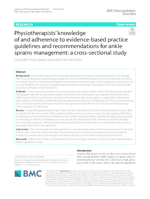 Physiotherapists’ knowledge of and adherence to evidence-based practice guidelines and recommendations for ankle sprains management: a cross-sectional study Thumbnail