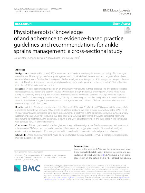 Physiotherapists' knowledge of and adherence to evidence-based practice guidelines and recommendations for ankle sprains management Thumbnail