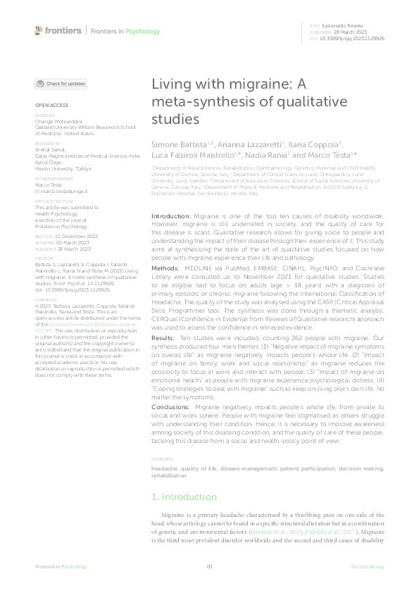 Living with migraine: A meta-synthesis of qualitative studies Thumbnail