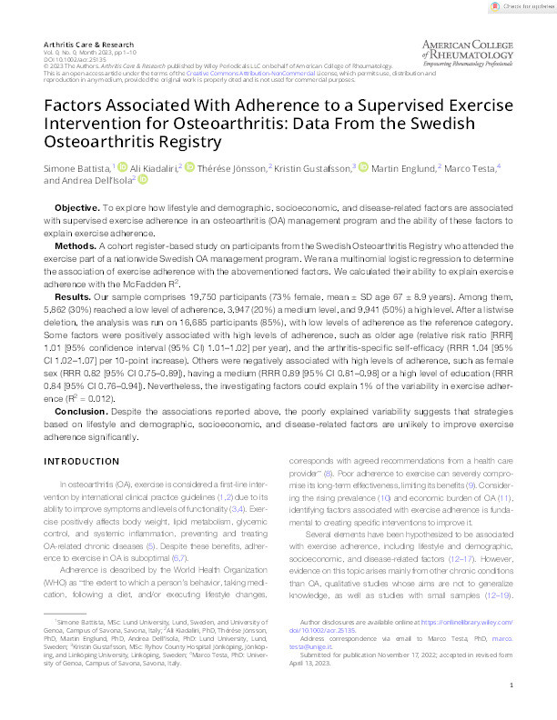 Factors Associated With Adherence to a Supervised Exercise Intervention for Osteoarthritis: Data From the Swedish Osteoarthritis Registry Thumbnail