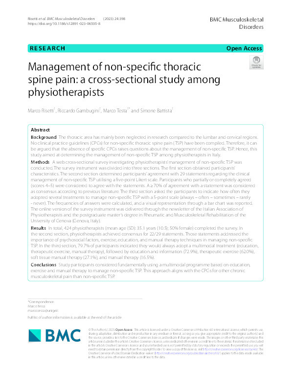 Management of non-specific thoracic spine pain: a cross-sectional study among physiotherapists Thumbnail