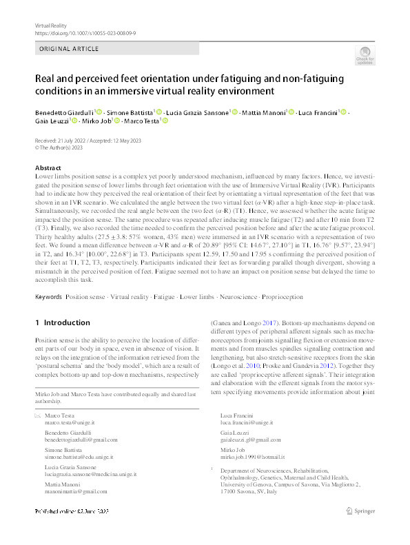 Real and perceived feet orientation under fatiguing and non-fatiguing conditions in an immersive virtual reality environment Thumbnail