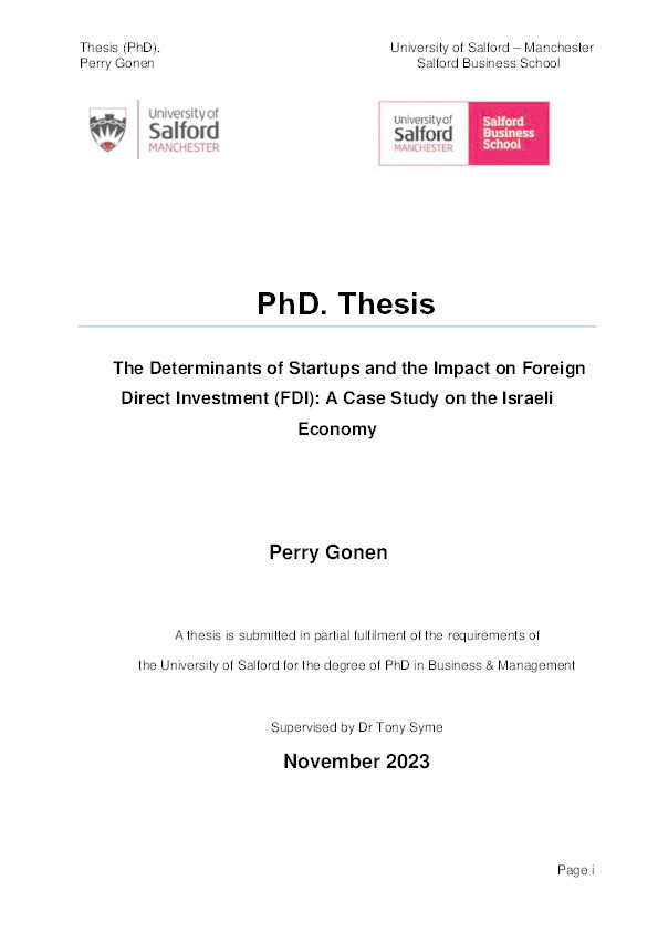 The Determinants of Startups and the Impact on Foreign Direct Investment (FDI): A Case Study on the Israeli Economy Thumbnail