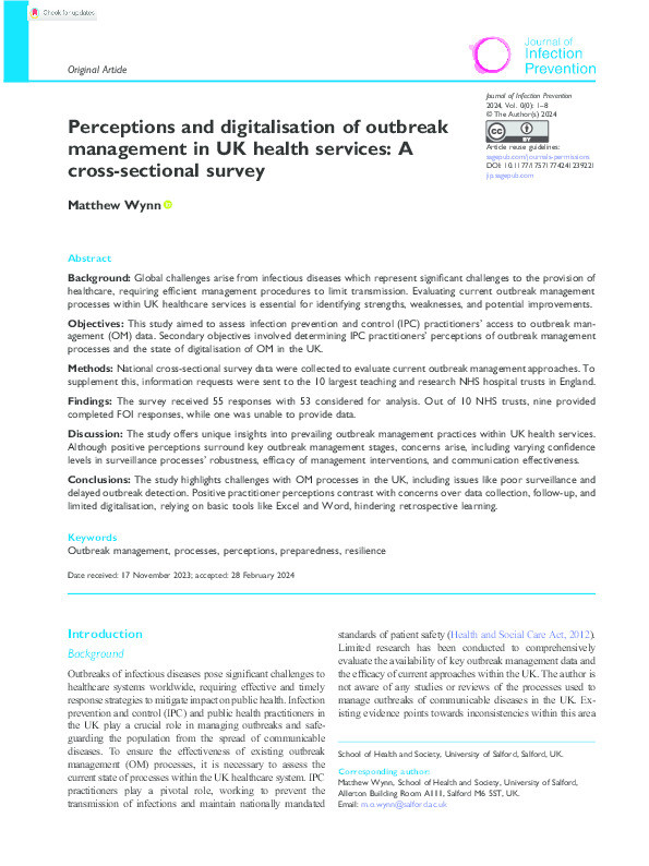 Perceptions and digitalisation of outbreak management in UK health services: A cross-sectional survey Thumbnail