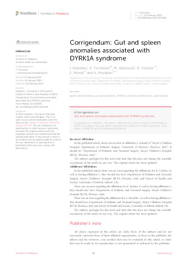 Corrigendum: Gut and spleen anomalies associated with DYRK1A syndrome Thumbnail