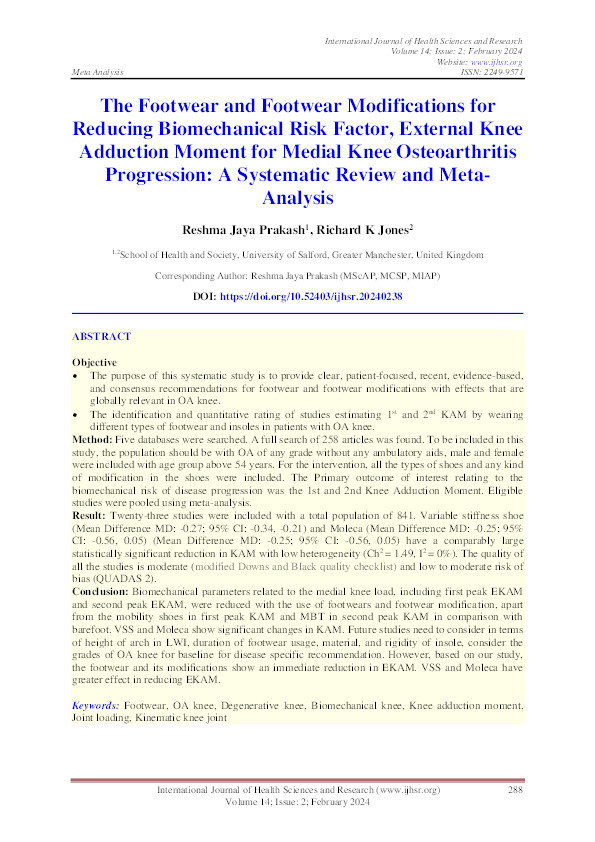 The Footwear and Footwear Modifications for Reducing Biomechanical Risk Factor, External Knee Adduction Moment for Medial Knee Osteoarthritis Progression: A Systematic Review and Meta-Analysis Thumbnail