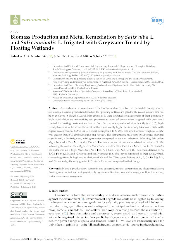 Biomass Production and Metal Remediation by Salix alba L. and Salix viminalis L. Irrigated with Greywater Treated by Floating Wetlands Thumbnail