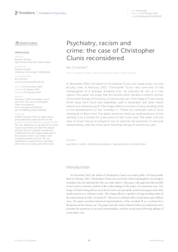 Psychiatry, racism and crime: the case of Christopher Clunis reconsidered. Thumbnail