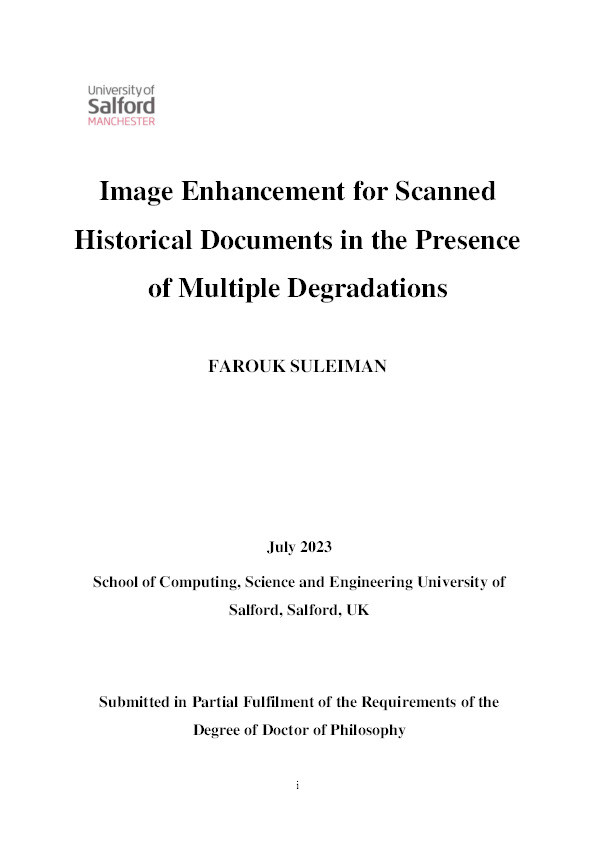 Image Enhancement for Scanned Historical Documents in the Presence of Multiple Degradations Thumbnail
