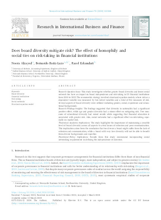 Does Board Diversity Mitigate Risk? The Effect of Homophily and Social Ties on Risk-Taking in Financial Institutions Thumbnail