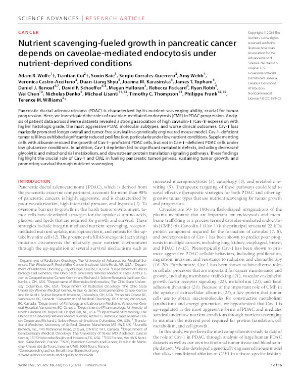 Nutrient scavenging-fueled growth in pancreatic cancer depends on caveolae-mediated endocytosis under nutrient-deprived conditions. Thumbnail