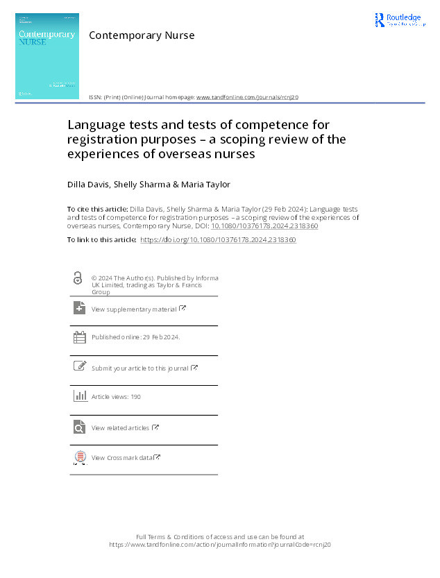 Language tests and tests of competence for registration purposes - a scoping review of the experiences of overseas nurses. Thumbnail