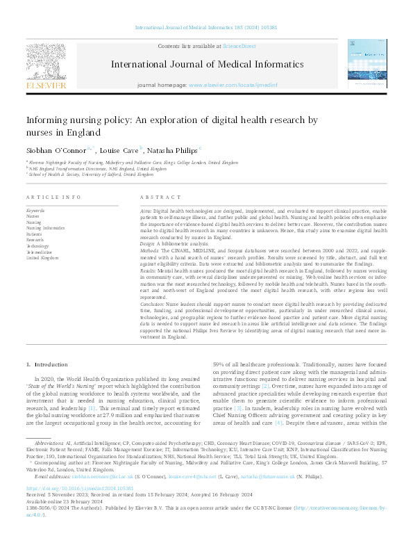 Informing nursing policy: An exploration of digital health research by nurses in England. Thumbnail