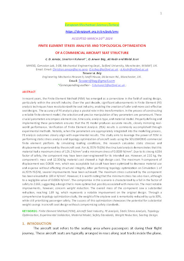 Finite element stress analysis and topological optimization of a commercial aircraft seat structure Thumbnail