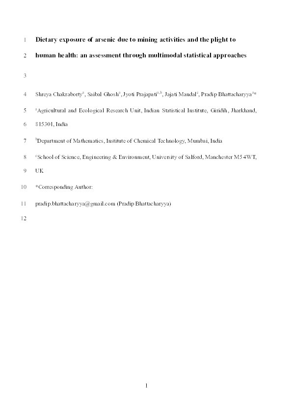 Dietary Exposure of Arsenic Due to Mining Activities and the Plight to Human Health: an Assessment Through Multimodal Statistical Approaches Thumbnail