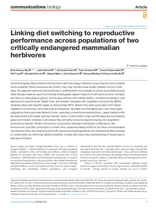 Linking diet switching to reproductive performance across populations of two critically endangered mammalian herbivores Thumbnail