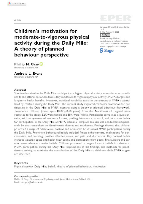 Children's motivation for moderate-to-vigorous physical activity during the Daily Mile: A theory of planned behaviour perspective Thumbnail