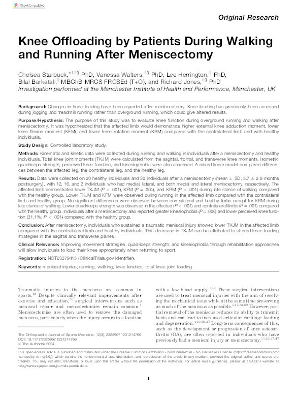 Knee Offloading by Patients During Walking and Running After Meniscectomy Thumbnail